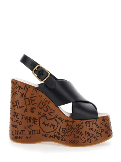 Chloé Women 'maxime' Black Wedges With High Embossed High Wedge Heel And Crossover Strap On The Toe  In Multi