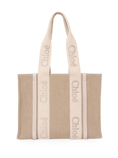 Chloé Women's Medium Woody Linen Tote Shoulder Bag In Neutral
