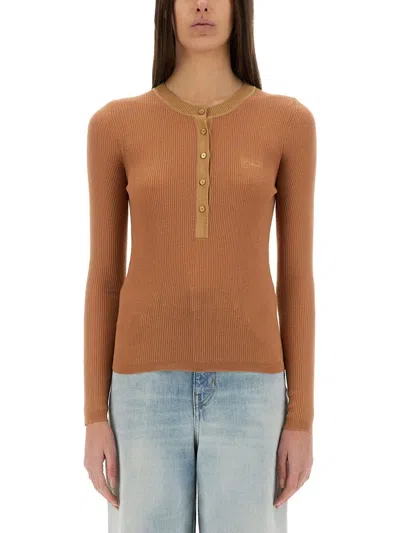 Chloé Women Merino Wool Fine Knit "henley" Shirt In Brown