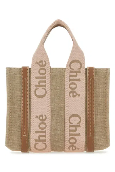 Chloé Chloe Women Multicolor Linen Small Woody Shopping Bag In Brown