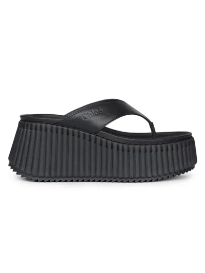 Chloé Chloe Nama 80 Thong Leather Wedge Sandals In Black