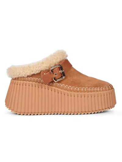CHLOÉ WOMEN'S NAMA SHEARLING-TRIM SUEDE MULES