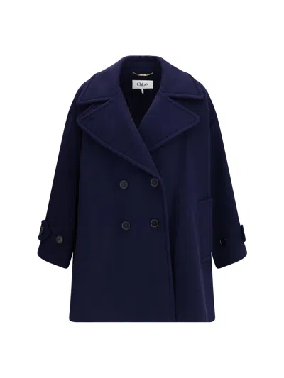 Chloé Women Oversized Double Breasted Wool Coat In Blue