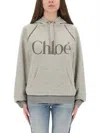 Chloé Cotton Blend Sweatshirt With Drawstring Hood And Logo In Gray