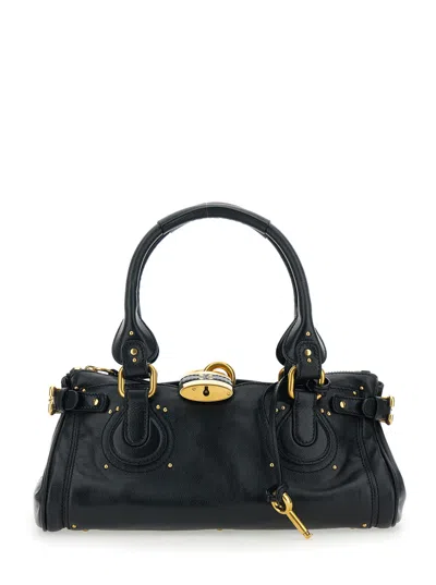 Chloé Women 'paddington' Black Shoulder Bag With Oversized Padlock And C-shaped Buckles In Grainy Le