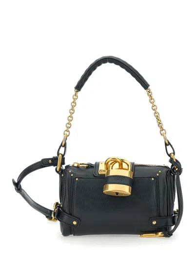 Chloé Women 'paddington' Black Shoulder Bag With Oversized Padlock And Double Strap In Grained Leath