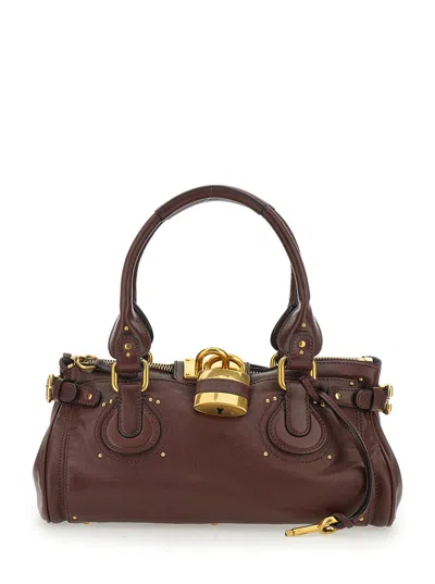 Chloé Women 'paddington' Brown Shoulder Bag With Oversized Padlock And C-shaped Buckles In Grainy Le