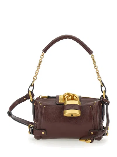 Chloé Women 'paddington' Brown Shoulder Bag With Oversized Padlock And Double Strap In Grained Leath