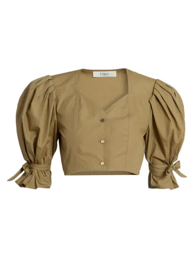 Chloé Puff-sleeve Cropped Top In Cotton Poplin In Green