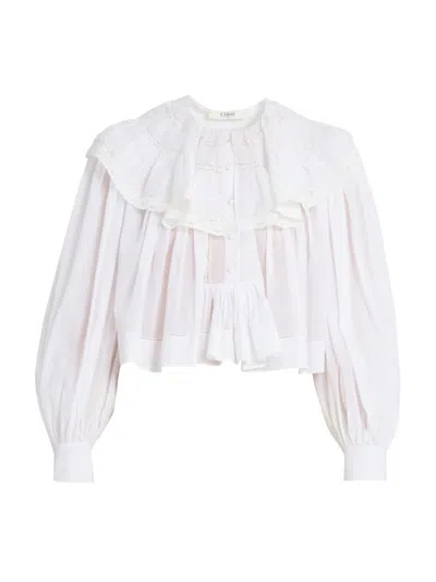 CHLOÉ WOMEN'S RUFFLED LACE-TRIM COTTON CROP BLOUSE
