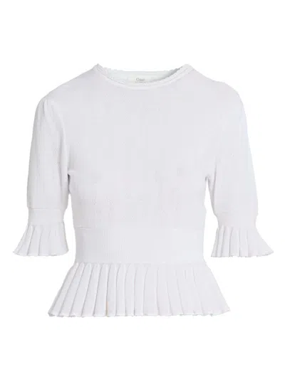 Chloé Women's Ruffled Rib-knit Wool Sweater In White