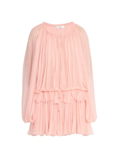 Chloé Women's Shirred Silk Ruffle Minidress In Pink