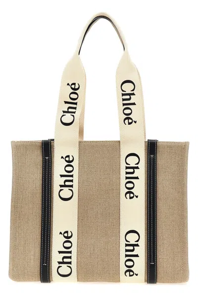 Chloé Woody Medium Bag In Beige Canvas Women In Blue