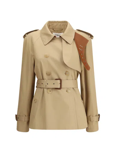 Chloé Women Short Cotton Gabardine Trench Coat In Brown