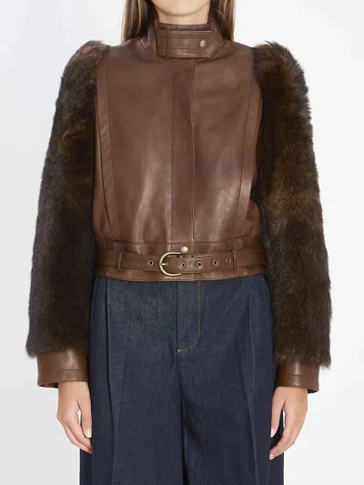 Chloé Chloe Women Short High-neck Leather Jacket In Brown