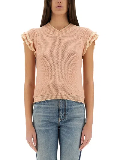 Chloé Women Short-sleeved Wool Knit Top In Pink