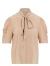 Chloé Pleated Yoke Silk Blouse In Nude & Neutrals