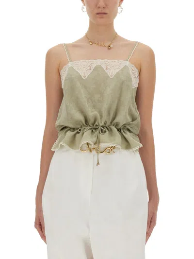 CHLOÉ CHLOÉ WOMEN SILK JACQUARD AND LACE DRAWSTRING TANK TOP