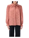 Chloé Floral Jacquard Tie-neck Ruffle Blouse In Wild Pink