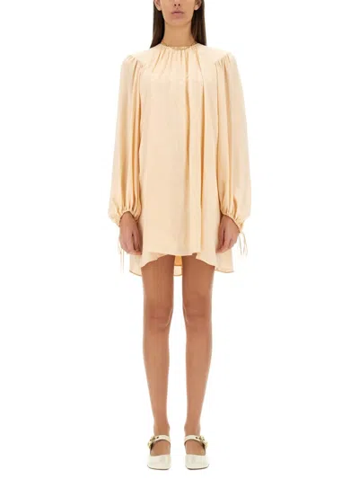 Chloé Mini Dress With Shirred Design And Sleeves In Neutral