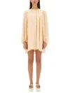 Chloé Mini Dress With Shirred Design And Sleeves In Neutral
