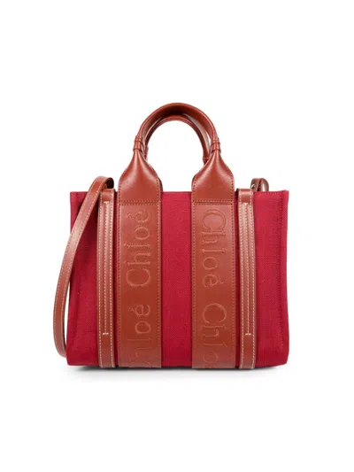 Chloé Women's Small Logo Linen Two Way Top Handle Bag In Burgundy