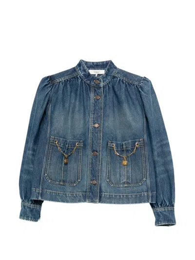 Chloé Blue Jacket With High Neck And Chain Detail On The Front In Denim Woman