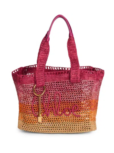 Chloé Summer Banana East-west Tote Bag In Raffia In Pink
