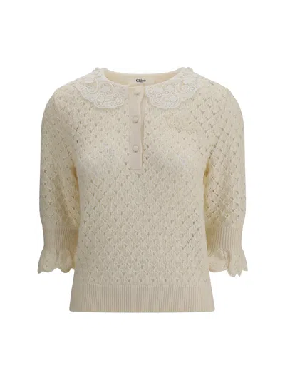 Chloé Women Sweater With Lace Collar In White