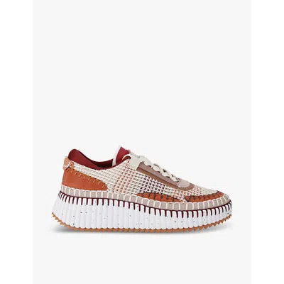 CHLOÉ WOMENS TAN NAMA EMBROIDERED SUEDE AND RECYCLED MESH TRAINERS