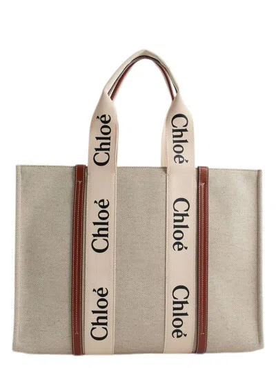Chloé Women's Tote L White Canvas Brown Leather In White,brown