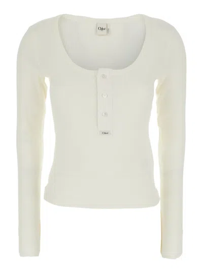 Chloé Women White Long-sleeve T-shirt With Logo Patch On The Front And Ribbed Knit In Cotton Woman
