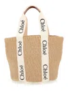 Chloé Women 'woody' Beige Shoper With With Logoed Shoulder Strap In In Woven Natural Fibers Woman In Multi