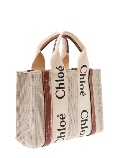 Chloé Women 'woody' Brown Tote Bag With Branded Ribbons In Canvas And Leather Woman In Multi