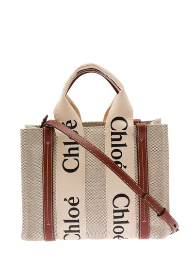 Chloé Woody Brown Tote Bag With Branded Ribbons In Canvas And Leather Woman In Neutral