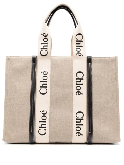 Chloé Large Woody Tote Bag In Linen White Size Onesize 100% Linen, Calf-skin Leather, Polyester In Beige
