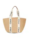 Chloé Woody Large Mifuko Basket Bag In Fair Trade Paper Embellished With Linen In Beige White