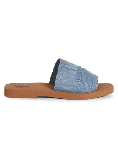 Chloé Women's Woody Logo Slide Sandals In Washed Blue