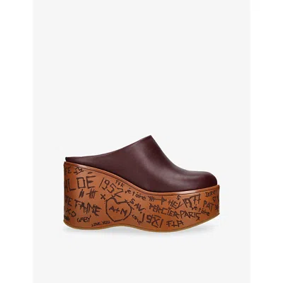 Chloé Womens Brand-print Leather Wedge Heeled Mules Wine Eur 38/5 Uk