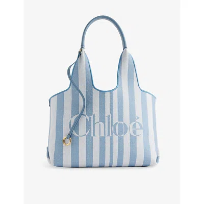 Chloé Womens Surfing Blue Striped Logo Cotton-canvas Tote Bag