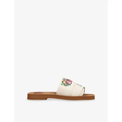 CHLOÉ WOMENS WOODY EMBROIDERED-LOGO LINEN-BLEND SANDALS YELLOW EUR 37 / 4 UK
