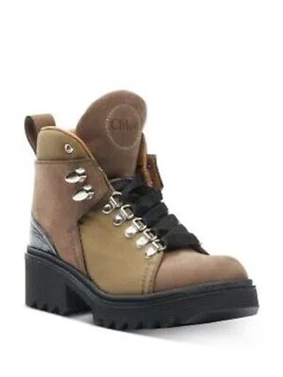 Pre-owned Chloé Chloe Womens Military Green Bella Toe Block Heel Leather Hiking Boots 39