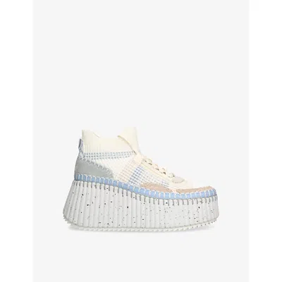 Chloé Womens Nama Runner Leather And Woven High-top Trainers Pale Blue Eur 39 / 6 Uk