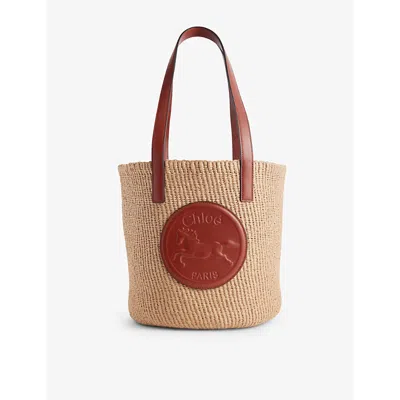 Chloé Womens Sepia Brown Horse Medal Large Raffia And Leather Bucket Bag