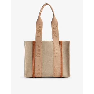 Chloé Chloe Womens Soft Tan Woody Medium Logo-jacquard Canvas Tote Bag