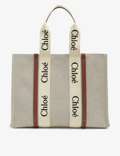 Chloé Womens White/brown Woody Large Canvas And Leather Tote Bag