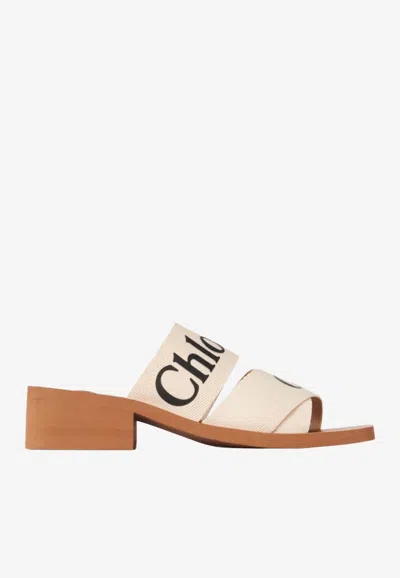 Chloé Woody 45 Linen Mules In Neutral