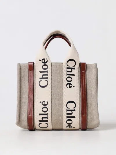 Chloé Woody Bag In Canvas With Logo In Neutral