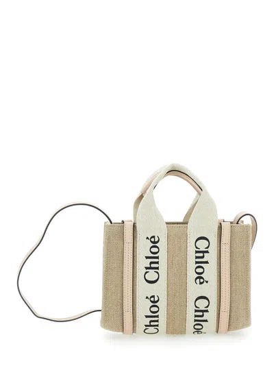 Chloé 'woody' Beige Handbag With Branded Ribbons In Canvas And Leather Woman In Cream