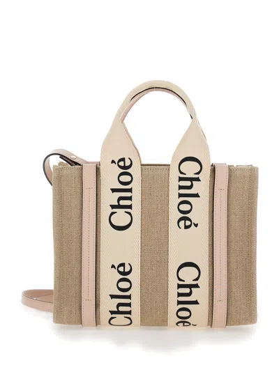 CHLOÉ CHLOÉ WOMEN 'WOODY' BEIGE TOTE BAG WITH BRANDED RIBBONS IN CANVAS AND LEATHER WOMAN